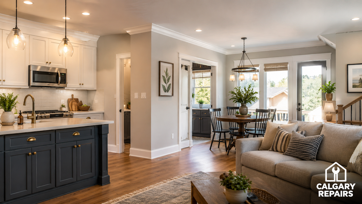Kitchen and living room renovation by Calgary Repairs