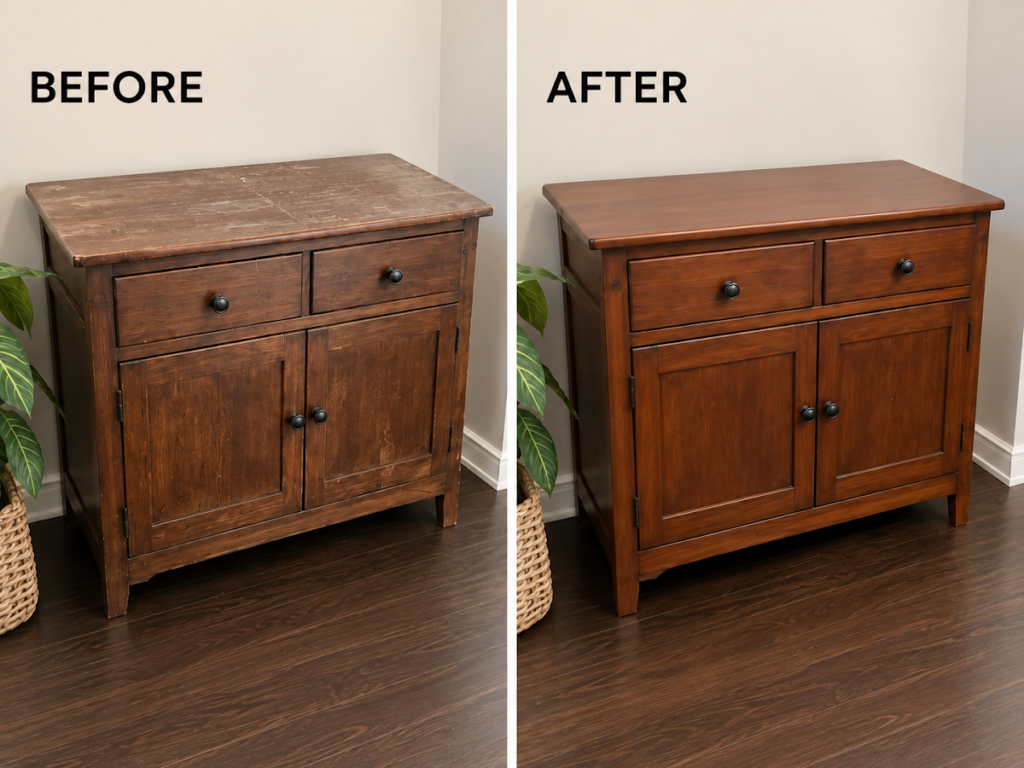 Wooden cabinet restoration before and after by Calgary Repairs